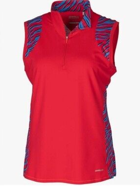 ANNIKA Red Sleeveless Golf Polo with Blue Zebra-Print Accents